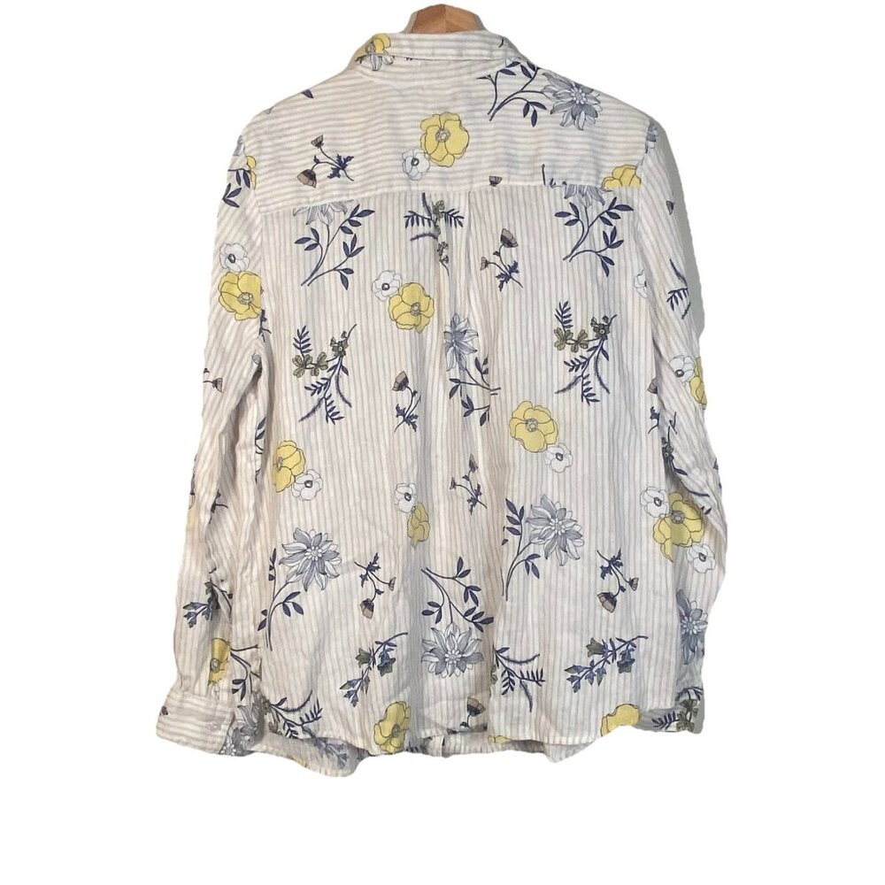 Charter Club Blue Yellow Floral Linen Button Down Shirt Size L Lagenlook Cottage - Picture 5 of 10